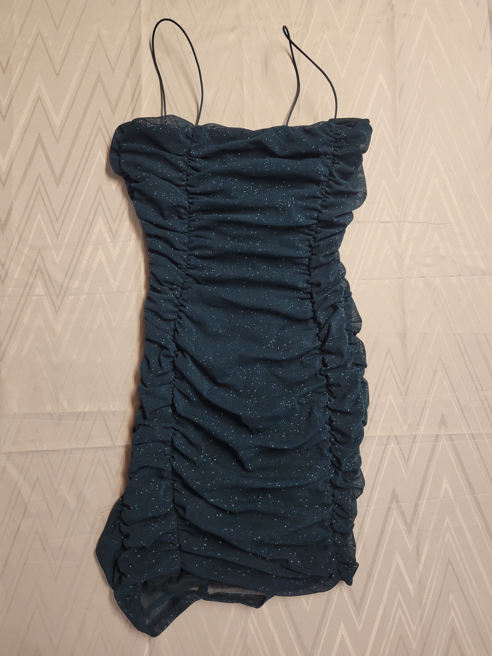 Sparkle Ruched Teal Spaghetti-Strap Dress
